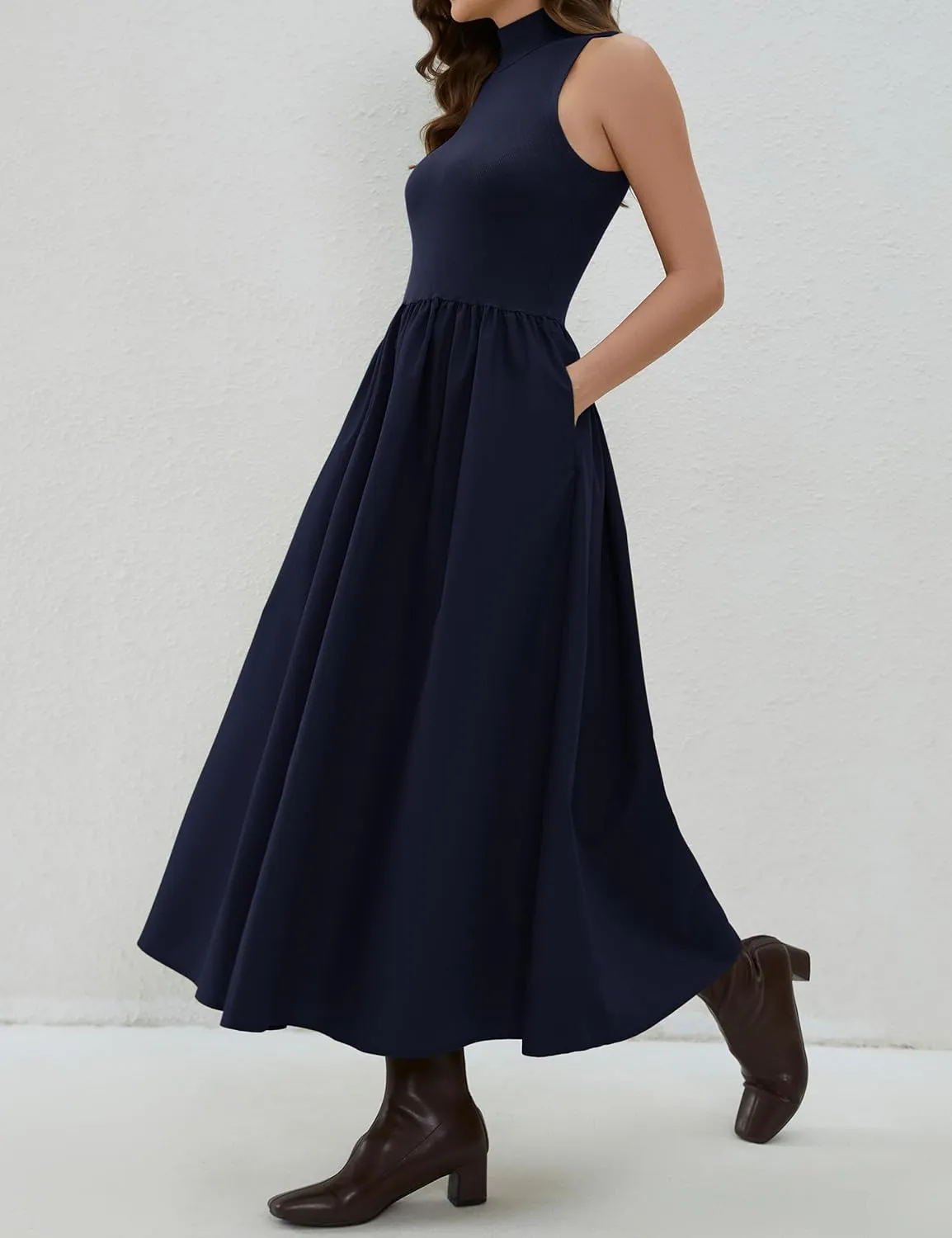 Lauweion Women's Summer Sleeveless Mock Neck Maxi Dresses Patchwork Casual Flowy Drop Waist Dress with Pockets