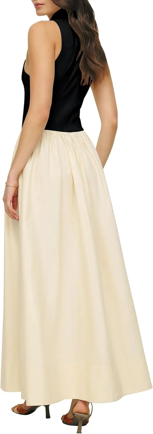 Lauweion Women's Summer Sleeveless Mock Neck Maxi Dresses Patchwork Casual Flowy Drop Waist Dress with Pockets