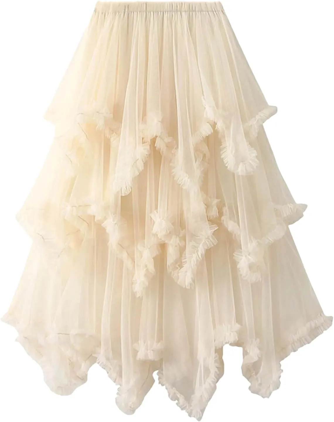 Layered Tulle Long Skirt Korean Fashion Mesh Gauze High Waist Skirt Frill Trim Ruffle Pleated Skirt for Women