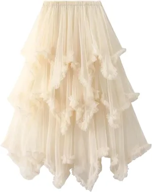 Layered Tulle Long Skirt Korean Fashion Mesh Gauze High Waist Skirt Frill Trim Ruffle Pleated Skirt for Women