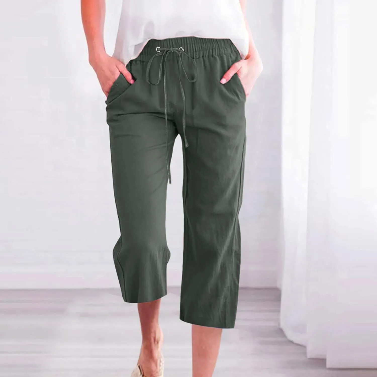 Linen Capri Pants for Women 2025 Summer Casual Drawstring Elastic Trouser Plus Size Lounge Cozy Cropped Capris Pocket
