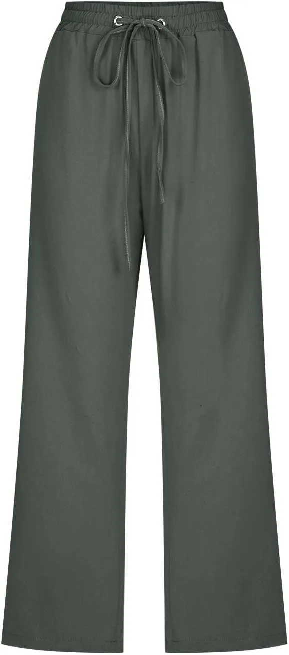 Linen Capri Pants for Women 2025 Summer Casual Drawstring Elastic Trouser Plus Size Lounge Cozy Cropped Capris Pocket