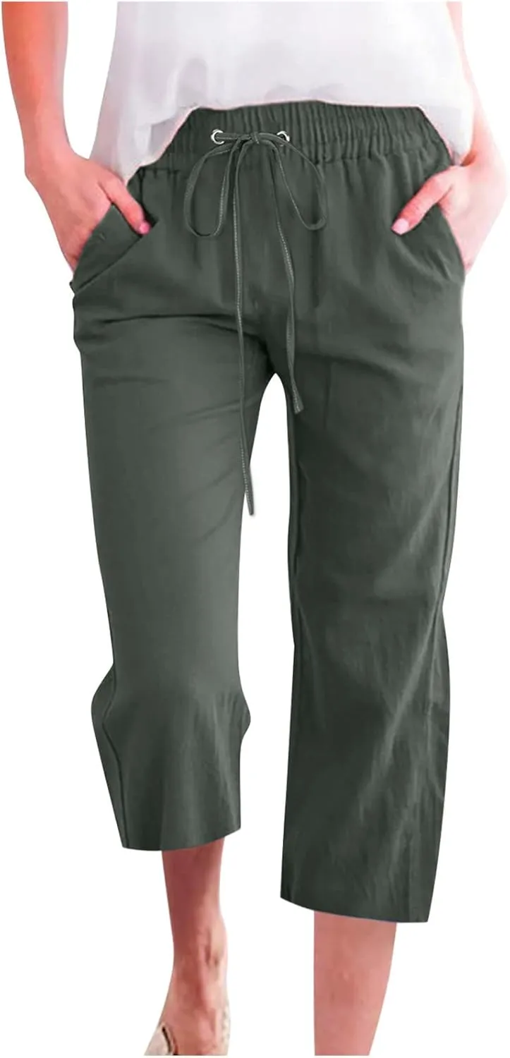 Linen Capri Pants for Women 2025 Summer Casual Drawstring Elastic Trouser Plus Size Lounge Cozy Cropped Capris Pocket