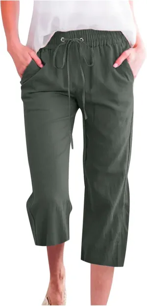 Linen Capri Pants for Women 2025 Summer Casual Drawstring Elastic Trouser Plus Size Lounge Cozy Cropped Capris Pocket