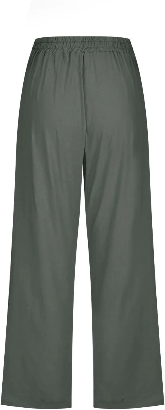 Linen Capri Pants for Women 2025 Summer Casual Drawstring Elastic Trouser Plus Size Lounge Cozy Cropped Capris Pocket