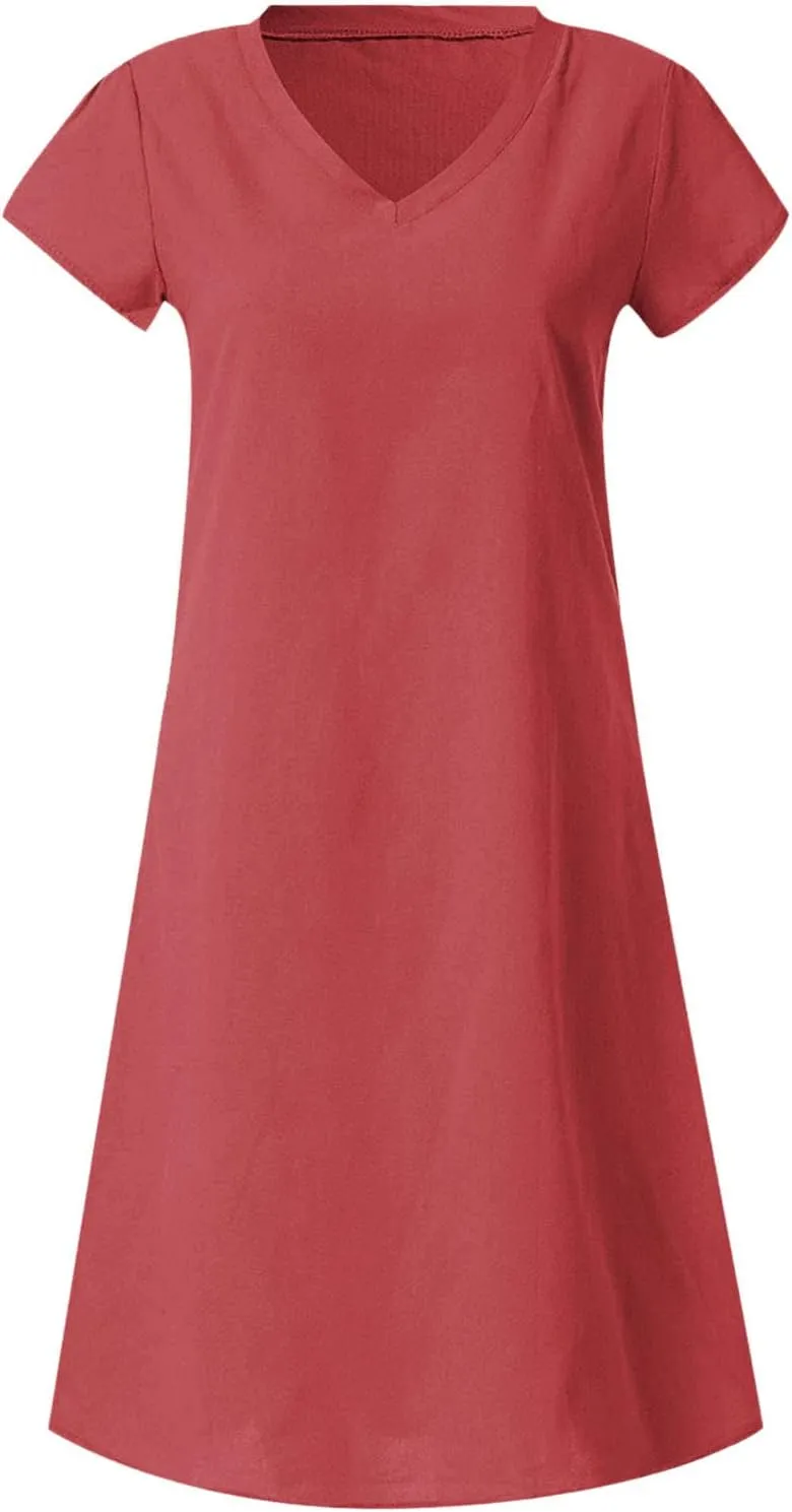Linen Cotton Dresses for Women 2025 Cap Sleeve Midi Dress Beach Vacation Sundress Loose Casual V Neck Shirt Dresses