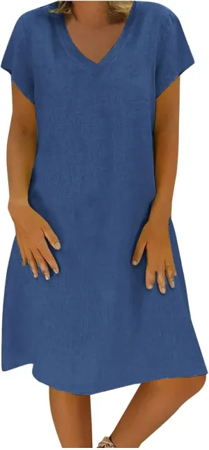 Linen Cotton Dresses for Women 2025 Cap Sleeve Midi Dress Beach Vacation Sundress Loose Casual V Neck Shirt Dresses