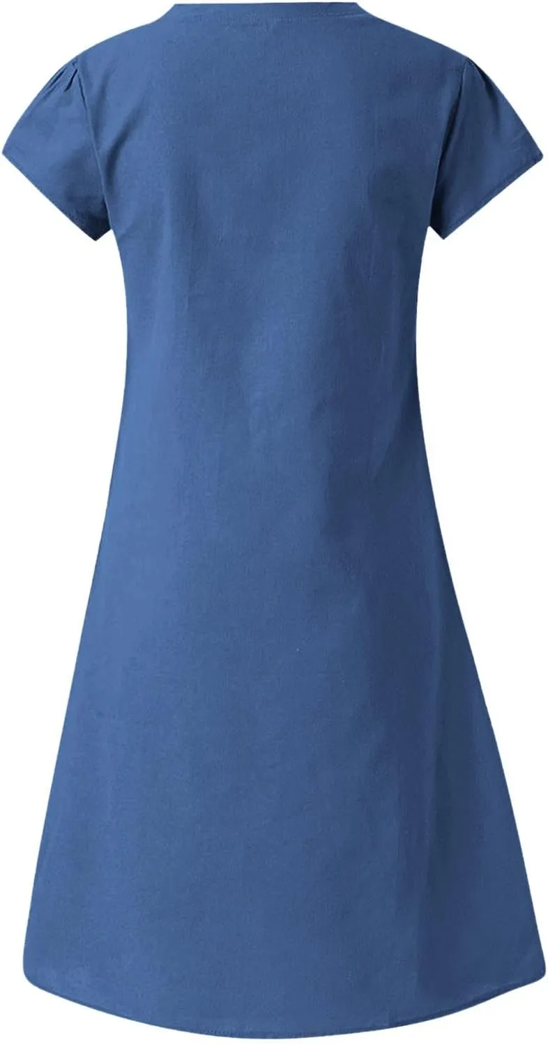 Linen Cotton Dresses for Women 2025 Cap Sleeve Midi Dress Beach Vacation Sundress Loose Casual V Neck Shirt Dresses