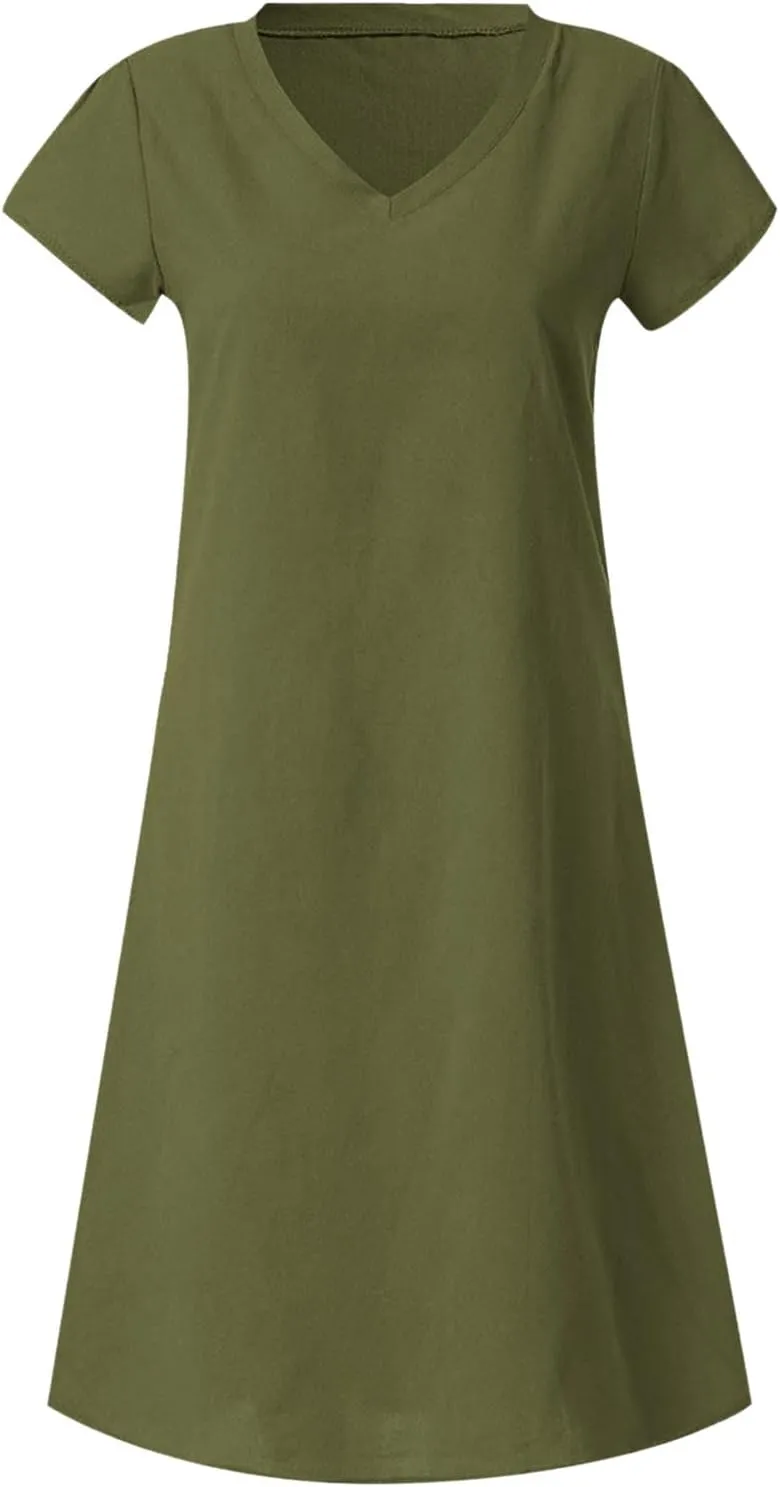 Linen Cotton Dresses for Women 2025 Cap Sleeve Midi Dress Beach Vacation Sundress Loose Casual V Neck Shirt Dresses