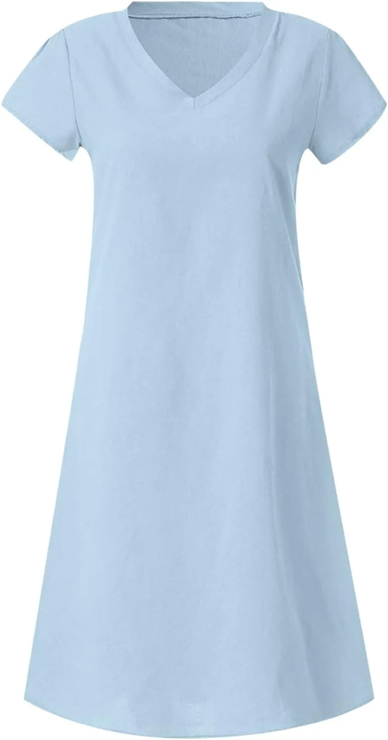 Linen Cotton Dresses for Women 2025 Cap Sleeve Midi Dress Beach Vacation Sundress Loose Casual V Neck Shirt Dresses