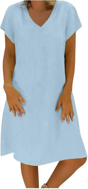 Linen Cotton Dresses for Women 2025 Cap Sleeve Midi Dress Beach Vacation Sundress Loose Casual V Neck Shirt Dresses