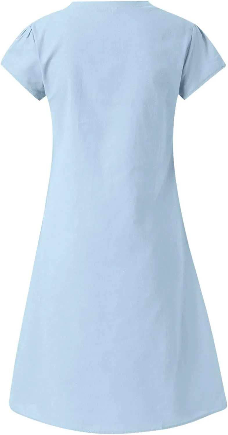 Linen Cotton Dresses for Women 2025 Cap Sleeve Midi Dress Beach Vacation Sundress Loose Casual V Neck Shirt Dresses