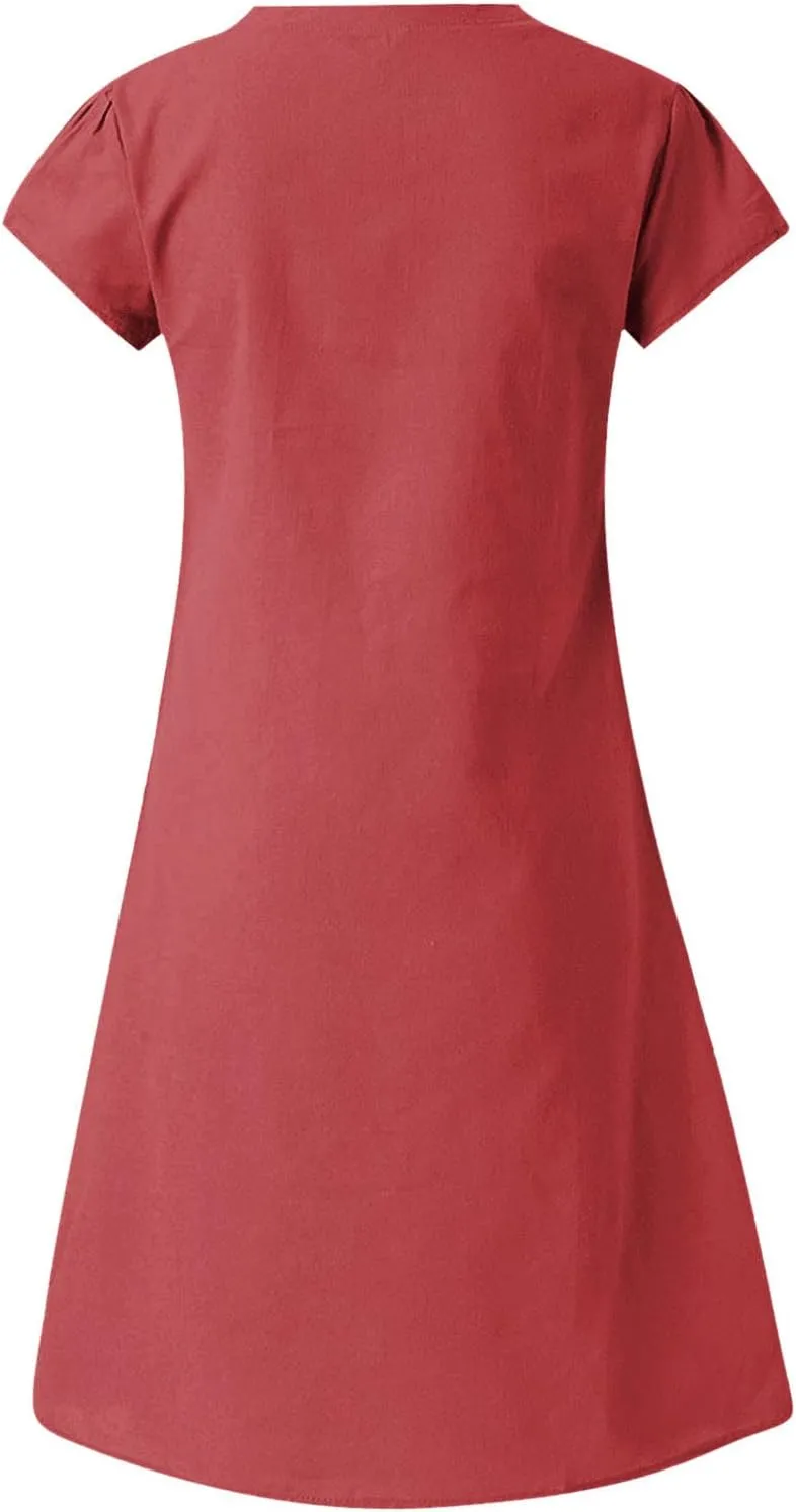 Linen Cotton Dresses for Women 2025 Cap Sleeve Midi Dress Beach Vacation Sundress Loose Casual V Neck Shirt Dresses