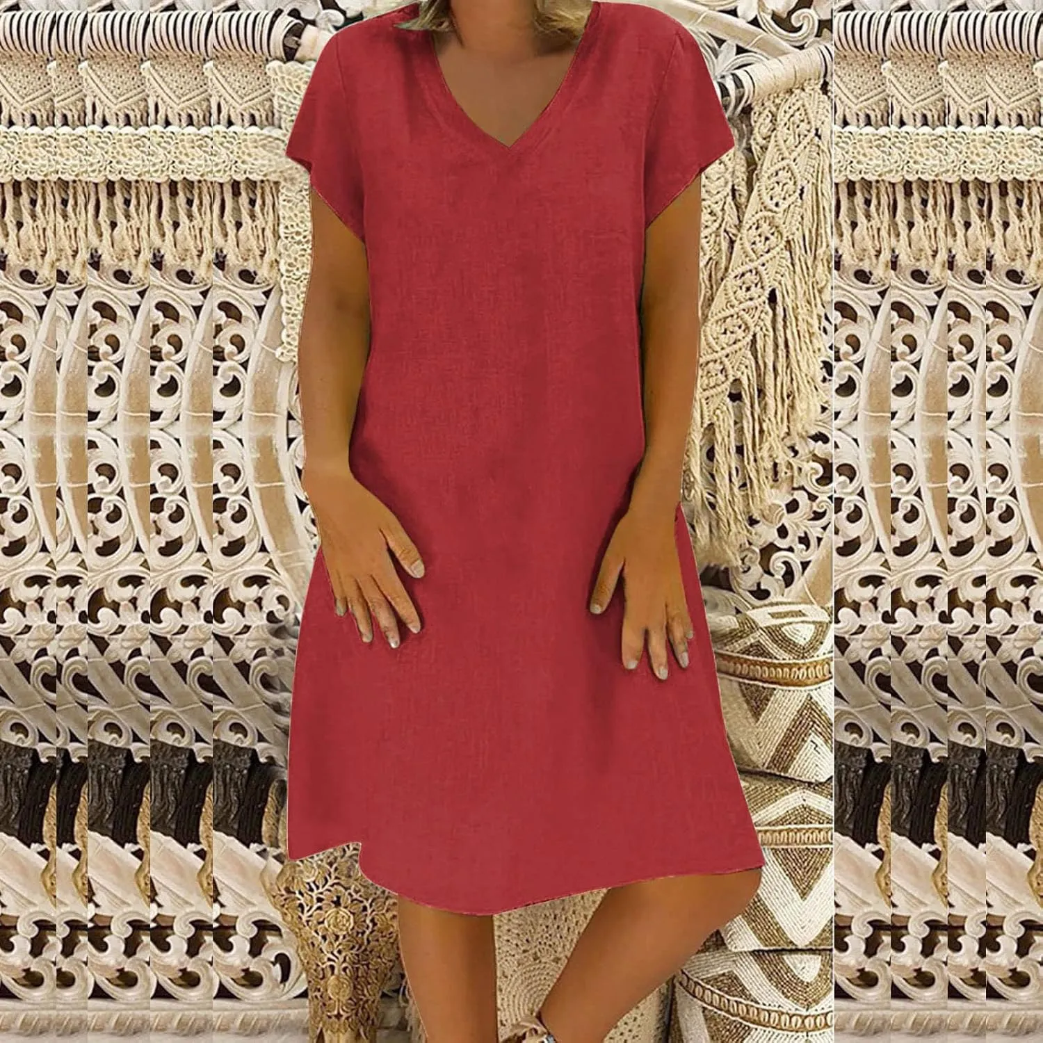 Linen Cotton Dresses for Women 2025 Cap Sleeve Midi Dress Beach Vacation Sundress Loose Casual V Neck Shirt Dresses