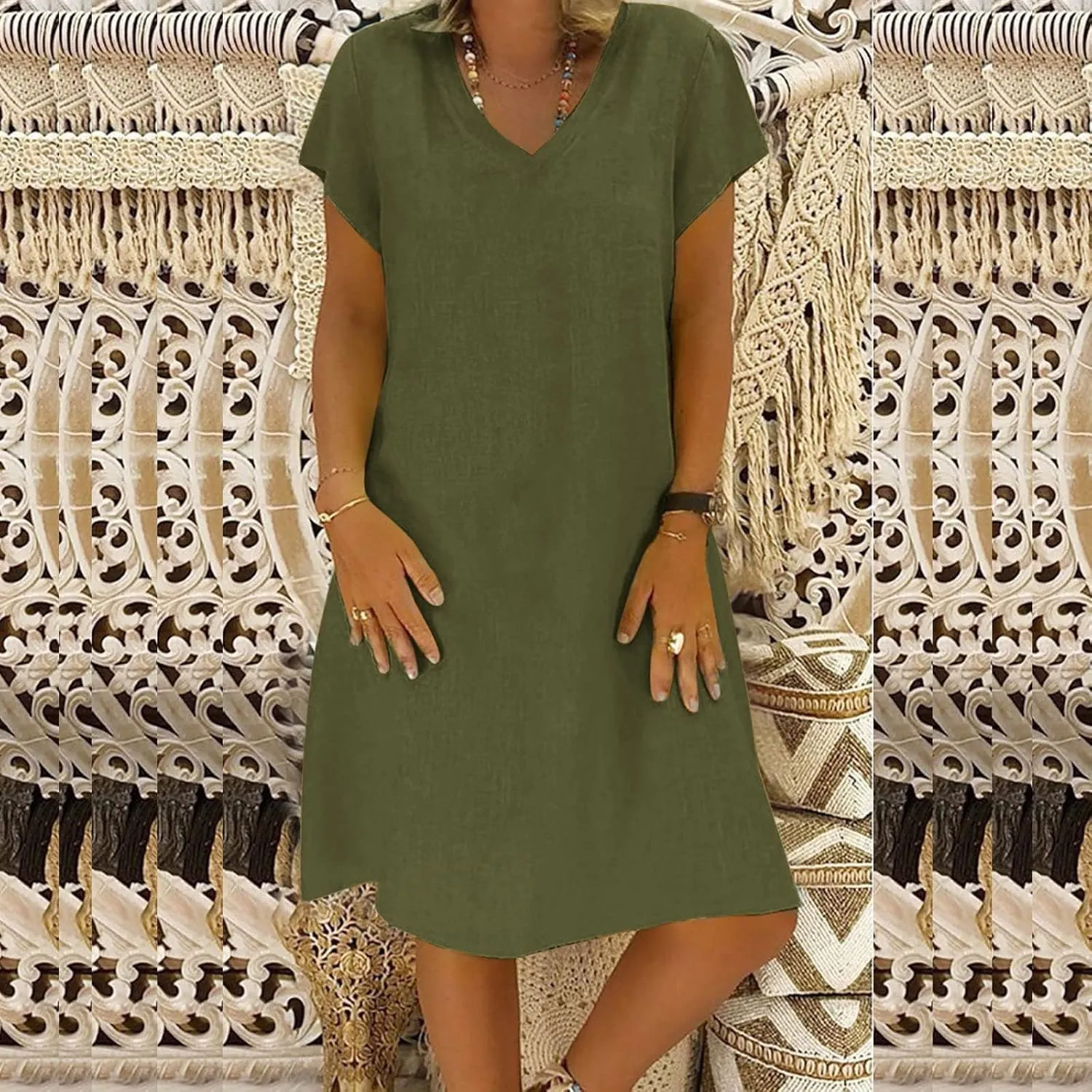 Linen Cotton Dresses for Women 2025 Cap Sleeve Midi Dress Beach Vacation Sundress Loose Casual V Neck Shirt Dresses
