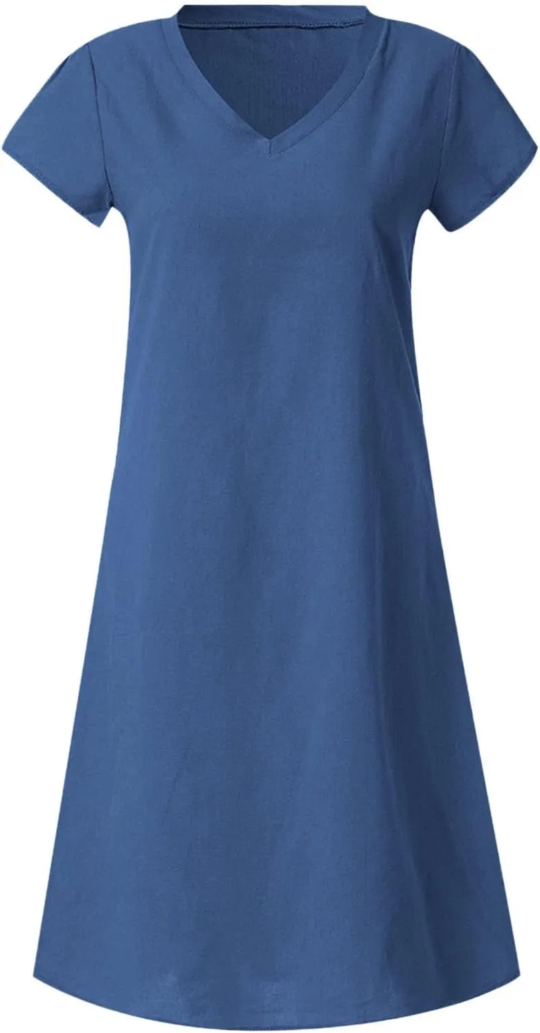 Linen Cotton Dresses for Women 2025 Cap Sleeve Midi Dress Beach Vacation Sundress Loose Casual V Neck Shirt Dresses