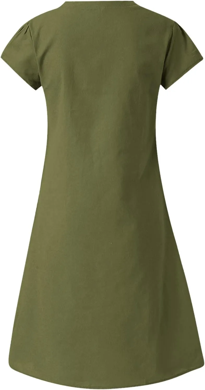 Linen Cotton Dresses for Women 2025 Cap Sleeve Midi Dress Beach Vacation Sundress Loose Casual V Neck Shirt Dresses