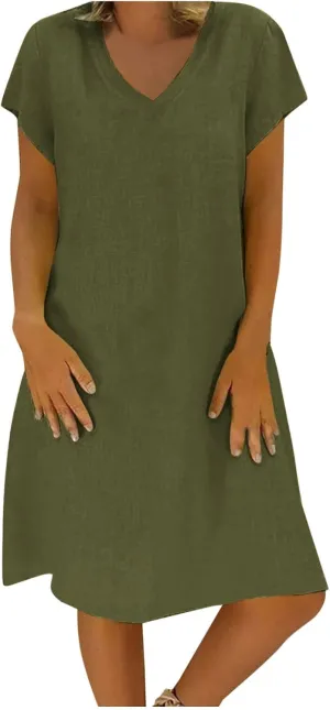 Linen Cotton Dresses for Women 2025 Cap Sleeve Midi Dress Beach Vacation Sundress Loose Casual V Neck Shirt Dresses
