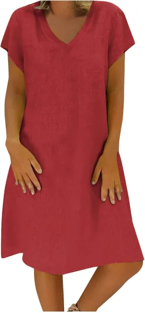 Linen Cotton Dresses for Women 2025 Cap Sleeve Midi Dress Beach Vacation Sundress Loose Casual V Neck Shirt Dresses