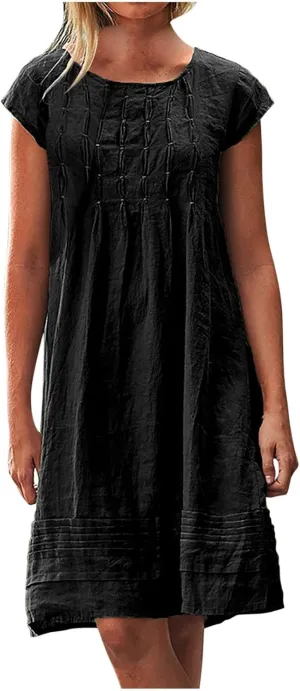 Linen Dress for Women Summer Pleated a Line Travel Sundress Crewneck Short Sleeve Dresses Vacation Casual Dress 2025