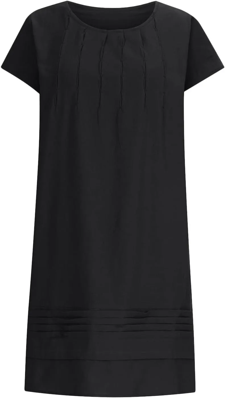 Linen Dress for Women Summer Pleated a Line Travel Sundress Crewneck Short Sleeve Dresses Vacation Casual Dress 2025