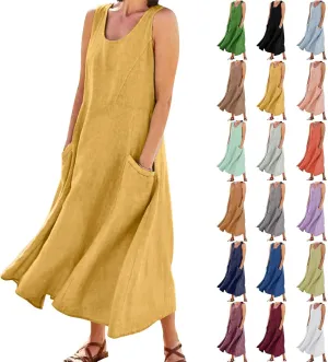 Linen Dresses for Women 2025 Casual Summer Sleeveless U Neck Flowy Maxi Dress Plus Size Boho Sundress with Pockets