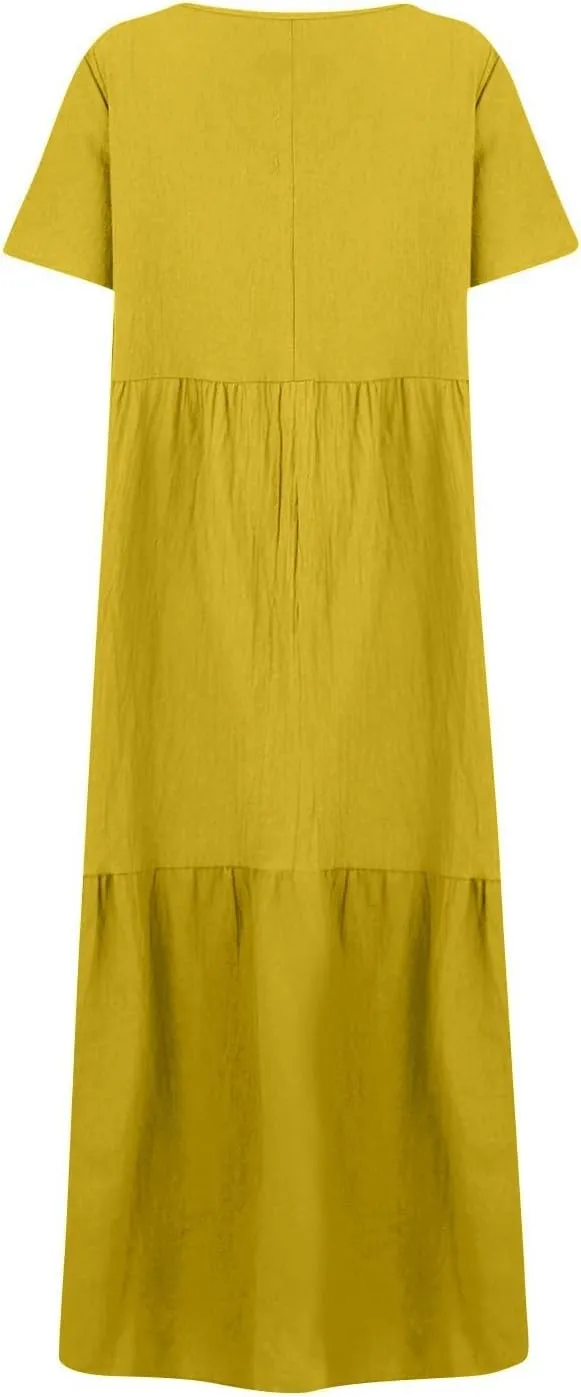 Linen Dresses for Women 2025 Plus Size Short Sleeve V Neck Tiered Maxi Dress Loose Comfy Summer Vacation Beach Dress