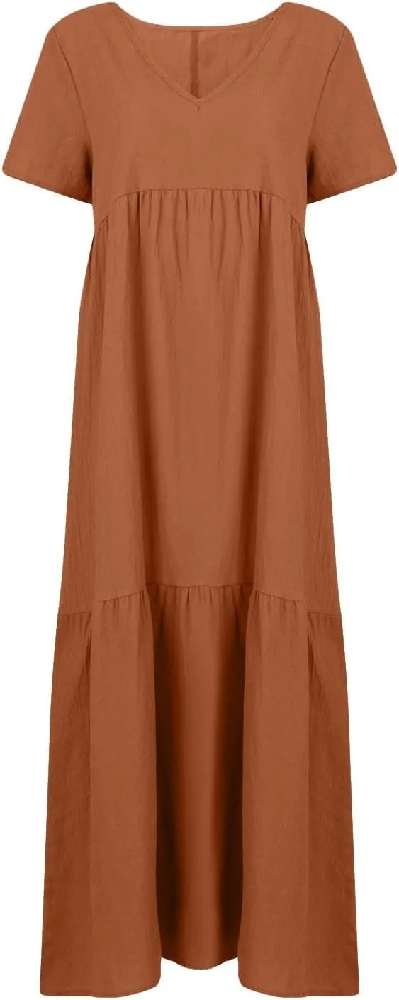 Linen Dresses for Women 2025 Plus Size Short Sleeve V Neck Tiered Maxi Dress Loose Comfy Summer Vacation Beach Dress