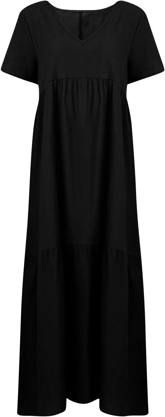 Linen Dresses for Women 2025 Plus Size Short Sleeve V Neck Tiered Maxi Dress Loose Comfy Summer Vacation Beach Dress
