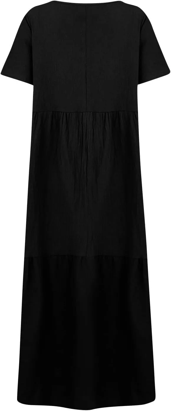 Linen Dresses for Women 2025 Plus Size Short Sleeve V Neck Tiered Maxi Dress Loose Comfy Summer Vacation Beach Dress