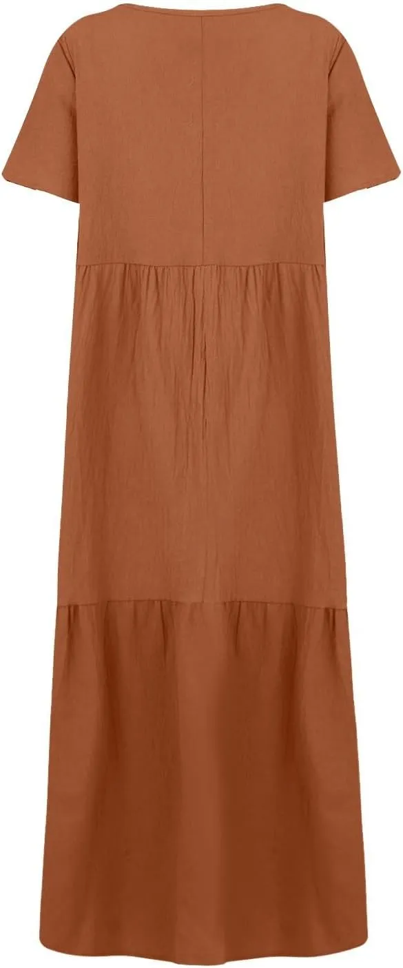 Linen Dresses for Women 2025 Plus Size Short Sleeve V Neck Tiered Maxi Dress Loose Comfy Summer Vacation Beach Dress
