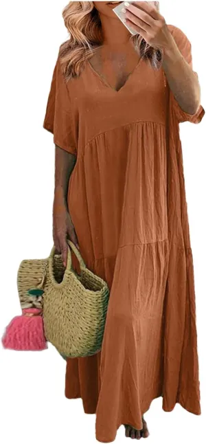 Linen Dresses for Women 2025 Plus Size Short Sleeve V Neck Tiered Maxi Dress Loose Comfy Summer Vacation Beach Dress