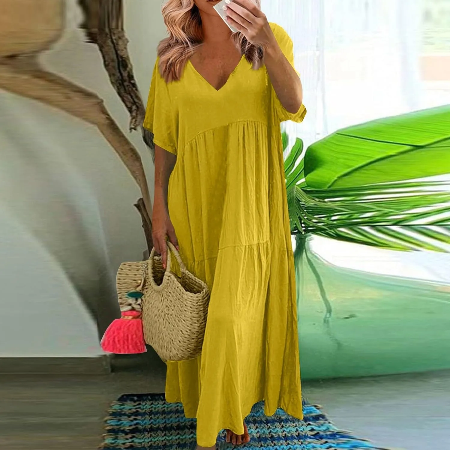 Linen Dresses for Women 2025 Plus Size Short Sleeve V Neck Tiered Maxi Dress Loose Comfy Summer Vacation Beach Dress