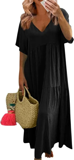 Linen Dresses for Women 2025 Plus Size Short Sleeve V Neck Tiered Maxi Dress Loose Comfy Summer Vacation Beach Dress