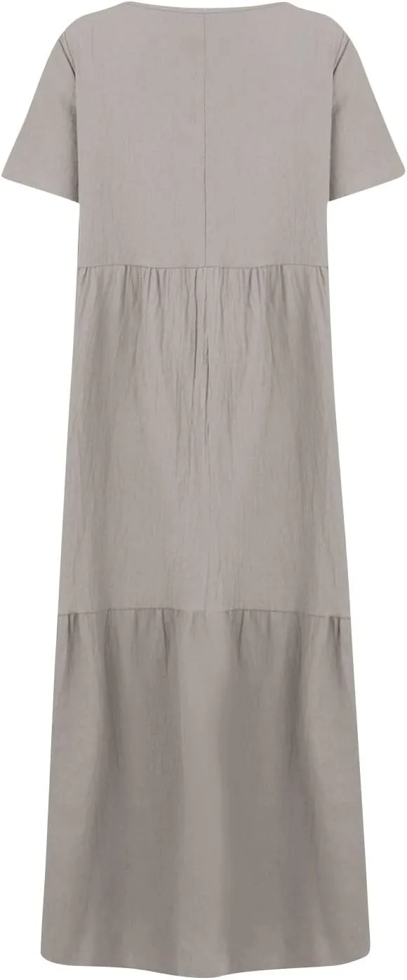 Linen Dresses for Women 2025 Plus Size Short Sleeve V Neck Tiered Maxi Dress Loose Comfy Summer Vacation Beach Dress