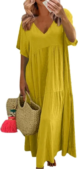 Linen Dresses for Women 2025 Plus Size Short Sleeve V Neck Tiered Maxi Dress Loose Comfy Summer Vacation Beach Dress