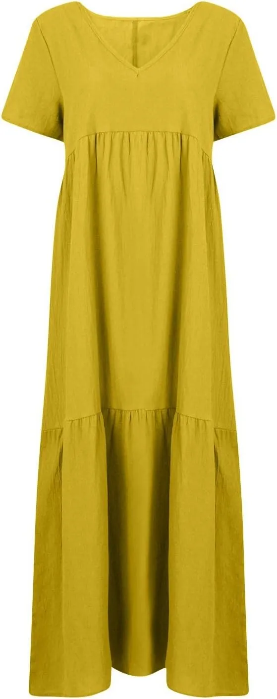 Linen Dresses for Women 2025 Plus Size Short Sleeve V Neck Tiered Maxi Dress Loose Comfy Summer Vacation Beach Dress