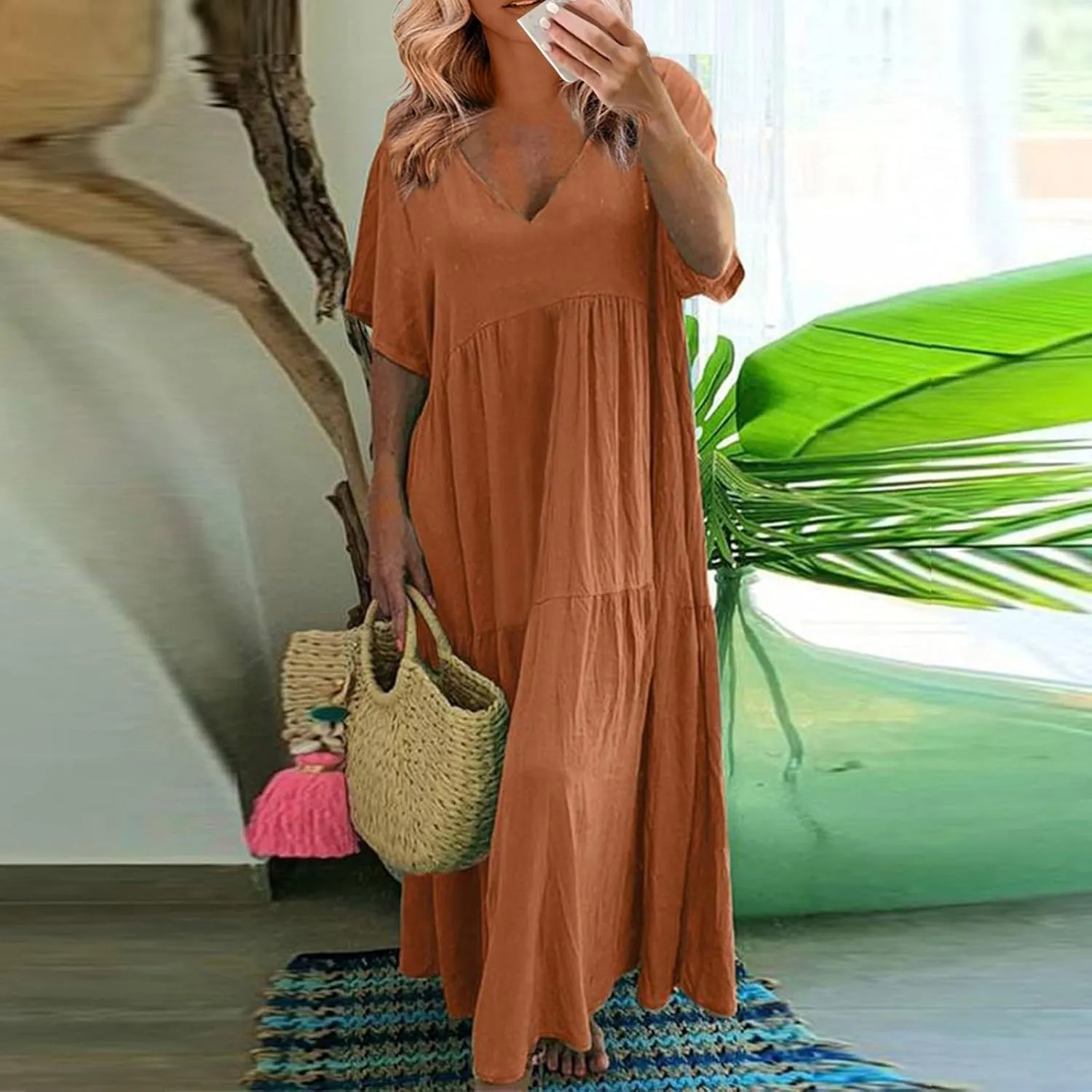 Linen Dresses for Women 2025 Plus Size Short Sleeve V Neck Tiered Maxi Dress Loose Comfy Summer Vacation Beach Dress