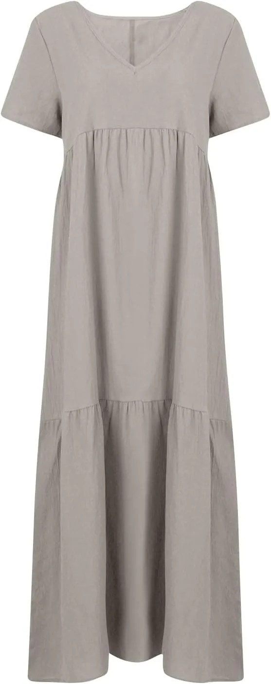Linen Dresses for Women 2025 Plus Size Short Sleeve V Neck Tiered Maxi Dress Loose Comfy Summer Vacation Beach Dress