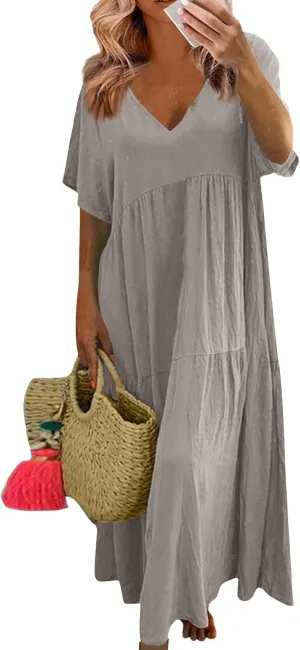 Linen Dresses for Women 2025 Plus Size Short Sleeve V Neck Tiered Maxi Dress Loose Comfy Summer Vacation Beach Dress