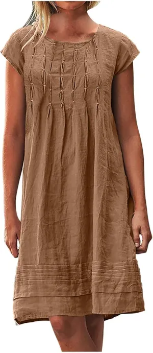 Linen Dresses for Women 2025 Short Sleeve Summer Casual Midi Dress Ruched Spring Dresses Beach Sundress