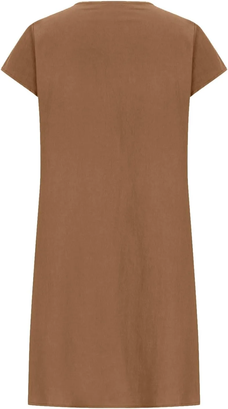 Linen Dresses for Women 2025 Short Sleeve Summer Casual Midi Dress Ruched Spring Dresses Beach Sundress