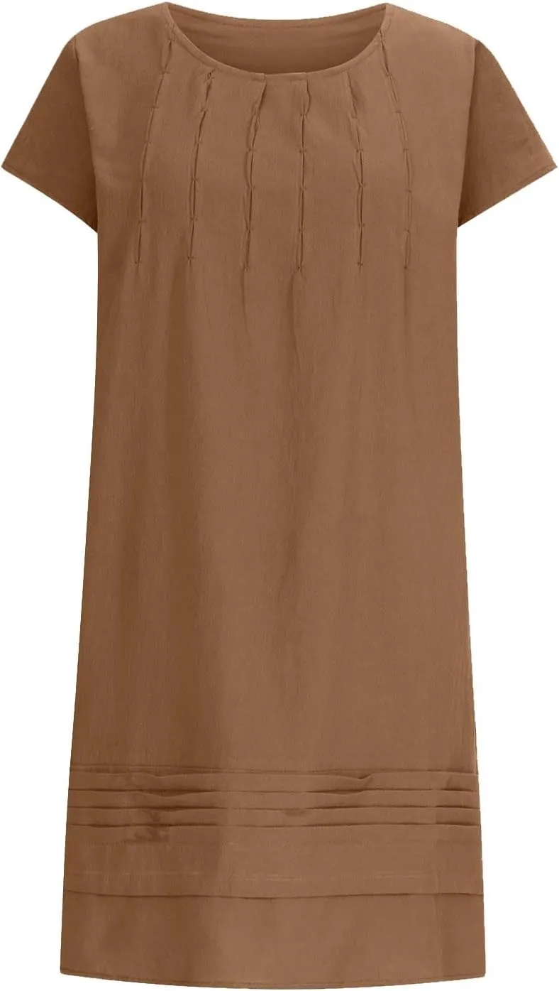 Linen Dresses for Women 2025 Short Sleeve Summer Casual Midi Dress Ruched Spring Dresses Beach Sundress