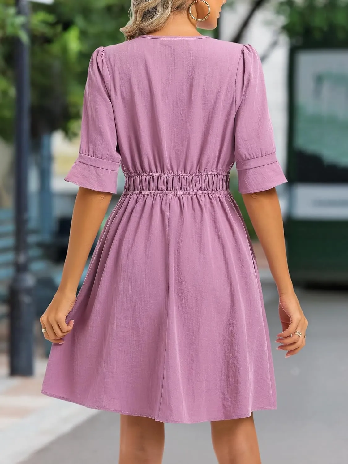 Loemes Womens Casual Work Shirt Dresses V Neck Midi Ruffle Sleeves Solid Color Drop Waist Flowy Summer Dresses with Pockets