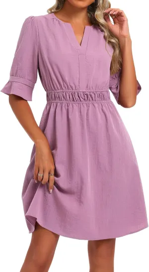 Loemes Womens Casual Work Shirt Dresses V Neck Midi Ruffle Sleeves Solid Color Drop Waist Flowy Summer Dresses with Pockets