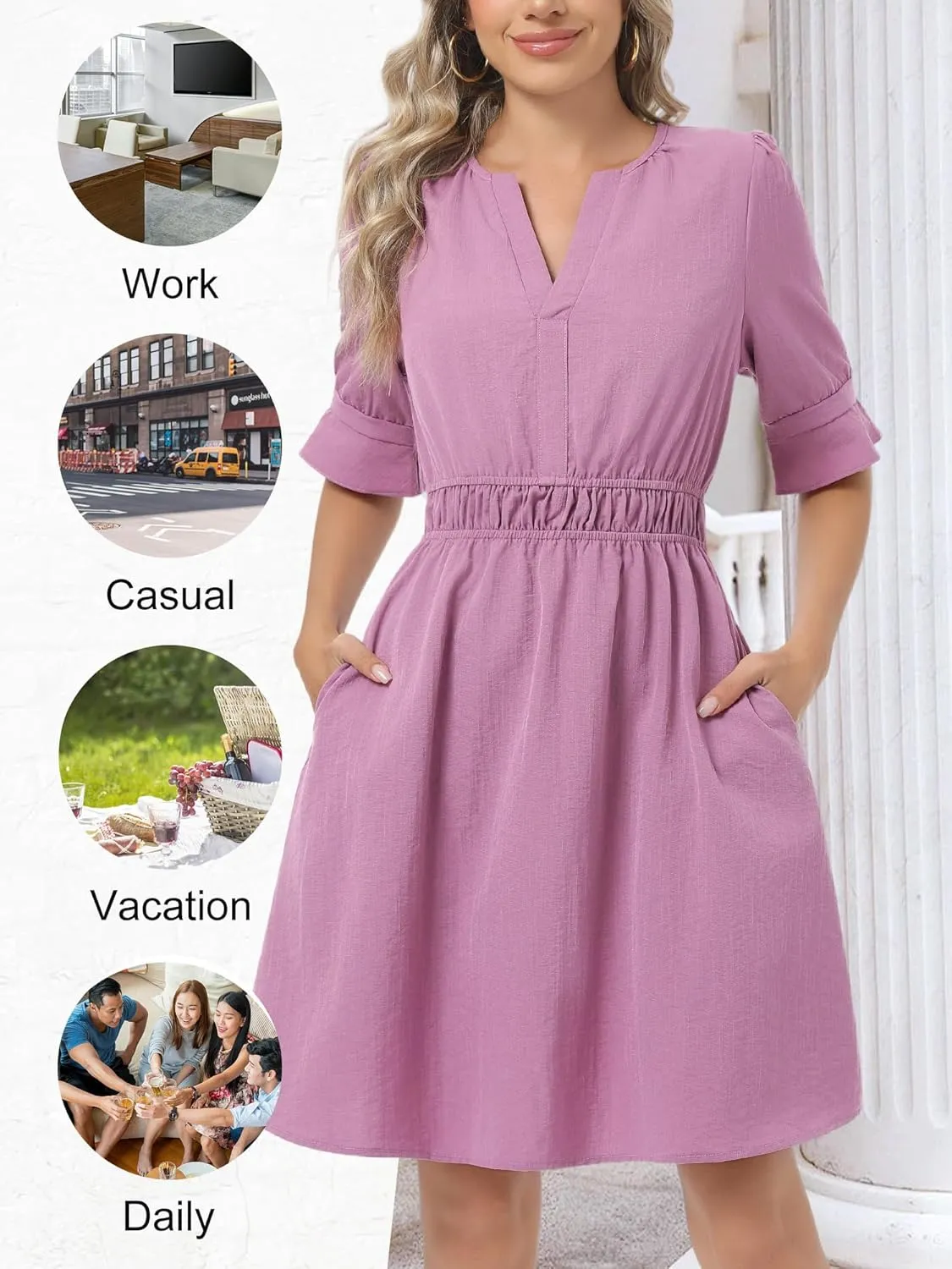 Loemes Womens Casual Work Shirt Dresses V Neck Midi Ruffle Sleeves Solid Color Drop Waist Flowy Summer Dresses with Pockets