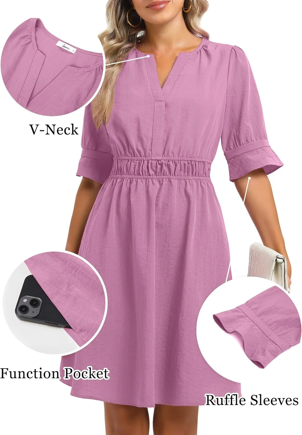 Loemes Womens Casual Work Shirt Dresses V Neck Midi Ruffle Sleeves Solid Color Drop Waist Flowy Summer Dresses with Pockets