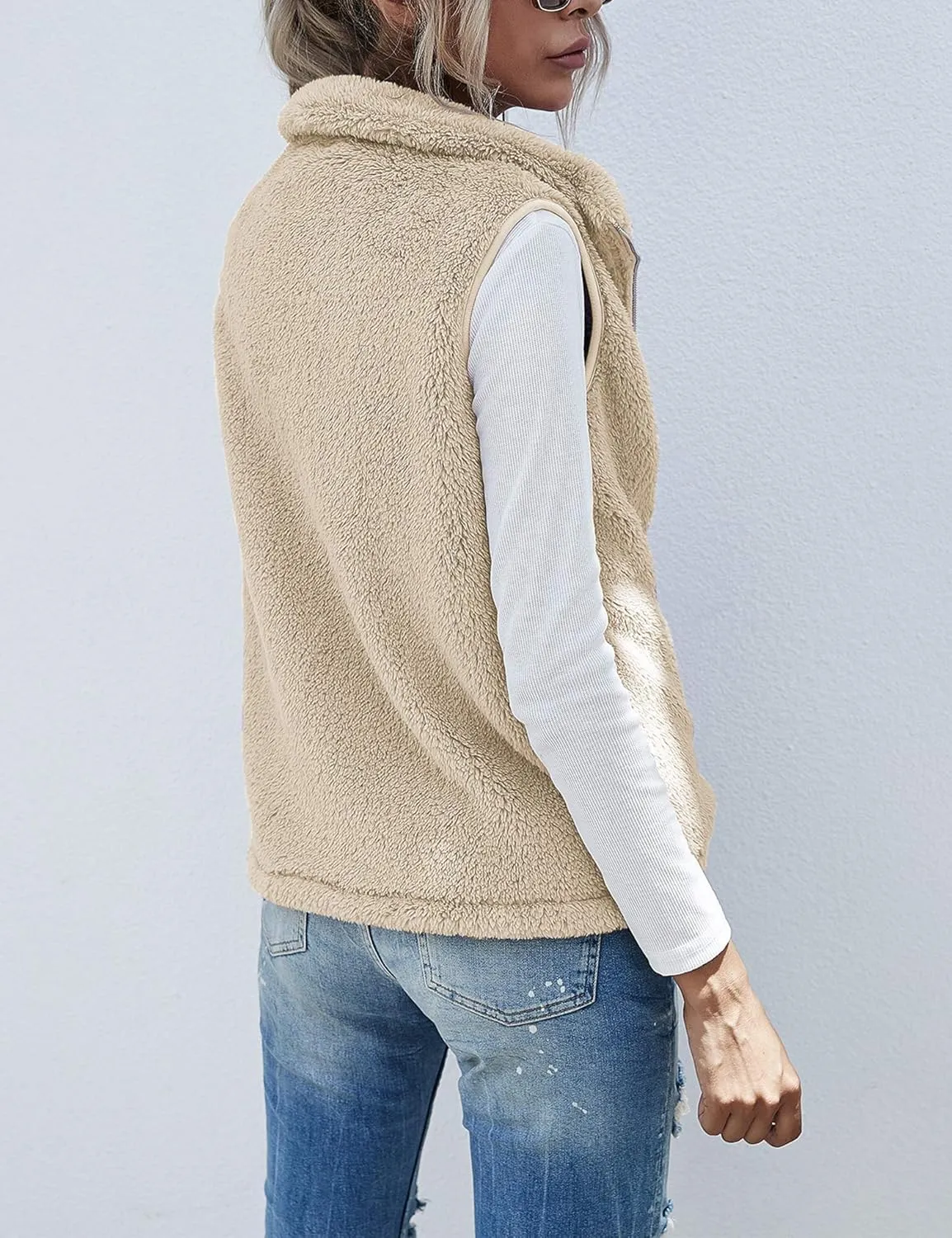 LOMON Womens Fuzzy Sherpa Fleece Jacket Lightweight Vest Cozy Sleeveless Cardigan Zipper Waistcoat Outerwear with Pocket