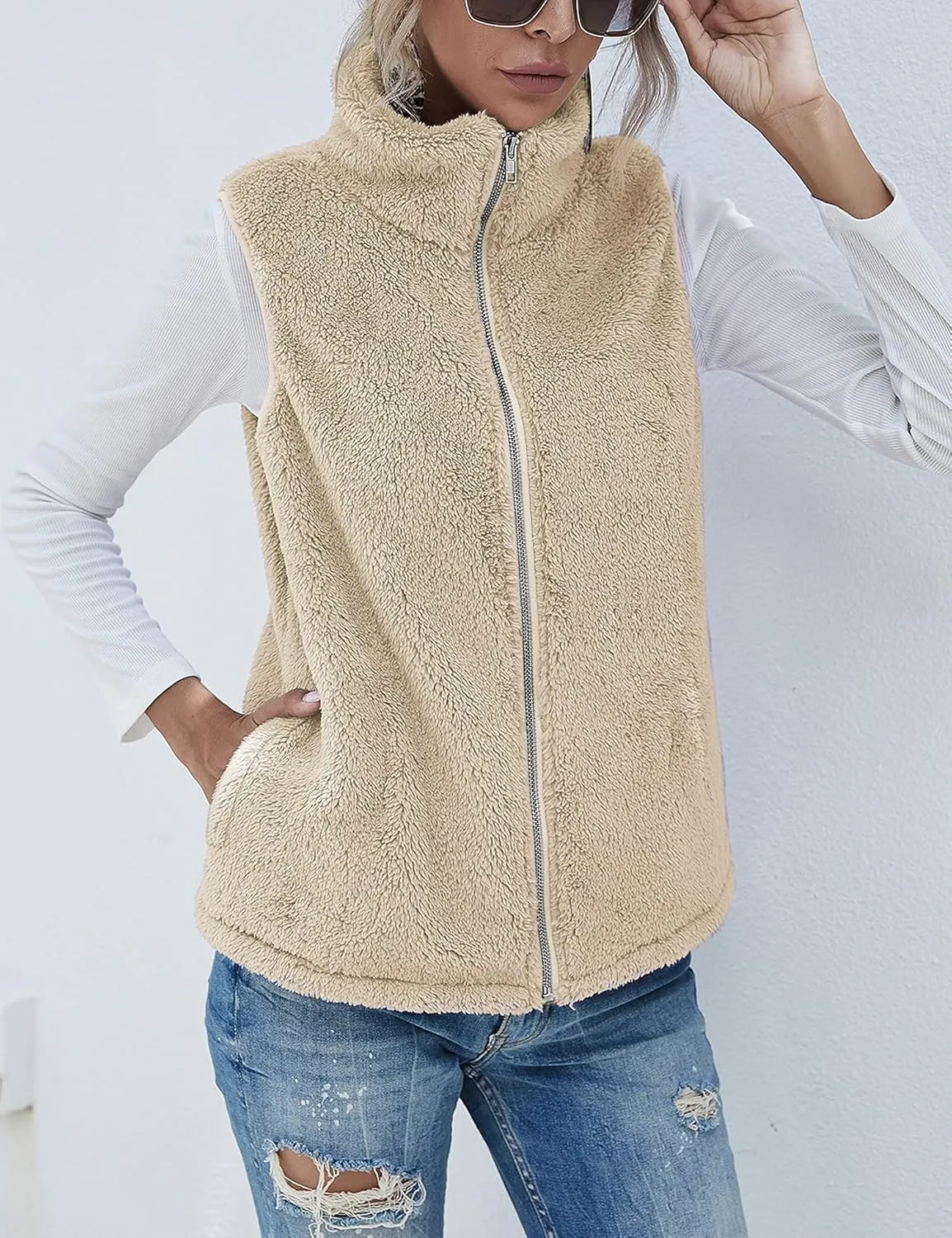 LOMON Womens Fuzzy Sherpa Fleece Jacket Lightweight Vest Cozy Sleeveless Cardigan Zipper Waistcoat Outerwear with Pocket