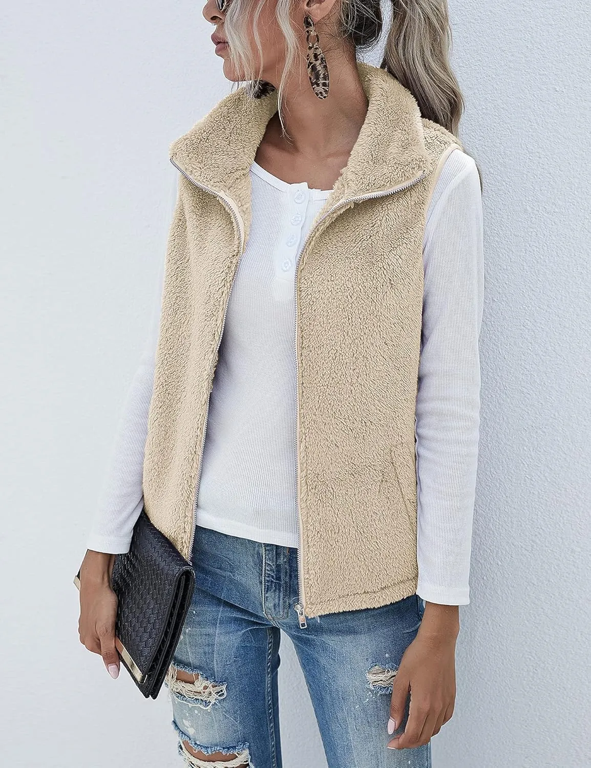 LOMON Womens Fuzzy Sherpa Fleece Jacket Lightweight Vest Cozy Sleeveless Cardigan Zipper Waistcoat Outerwear with Pocket